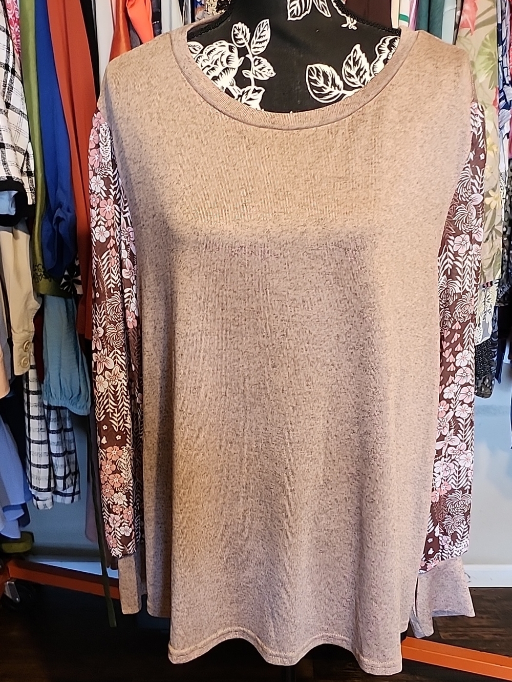 Source Unknown Mauve Tunic Dress with Floral Brown Sleeves